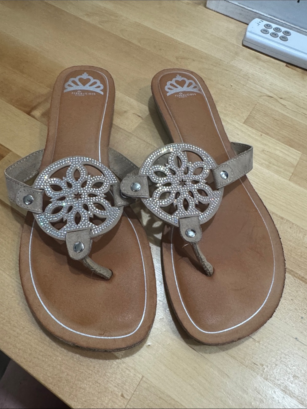 Fergalicious Beige/Tan Jeweled Toe-Post Sandals